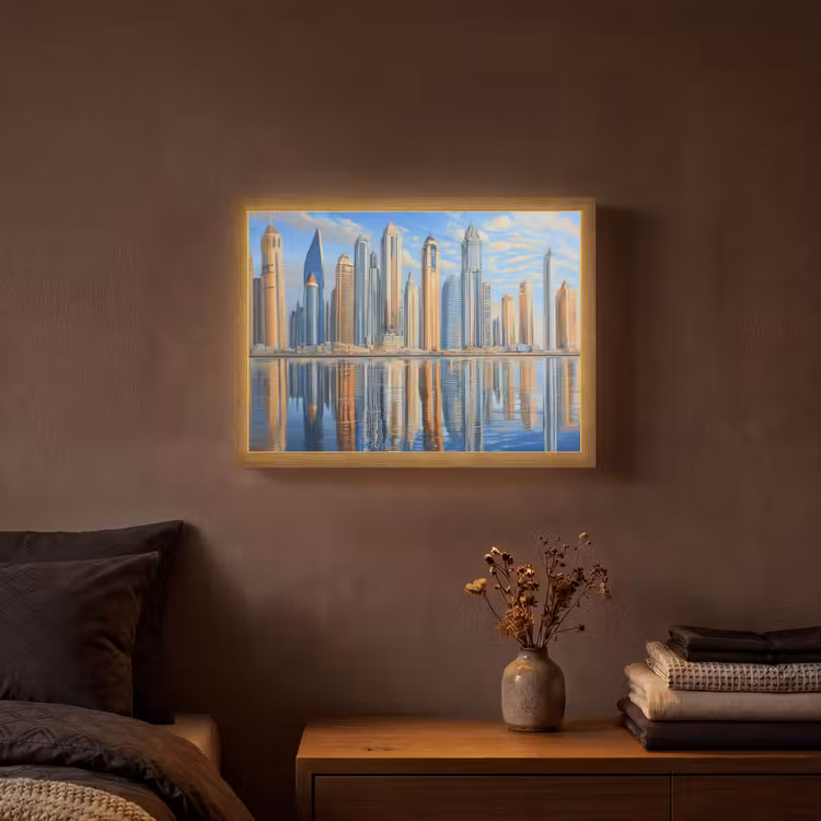 Skyline - Wolkenkrabbers - Water - Blauw Light Box met batterij (Wandlamp) middel -sfeer4