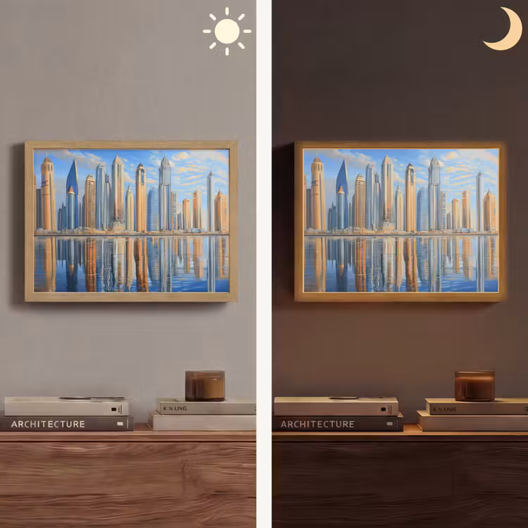 Skyline - Wolkenkrabbers - Water - Blauw Light Box met batterij (Wandlamp) middel -sfeer3