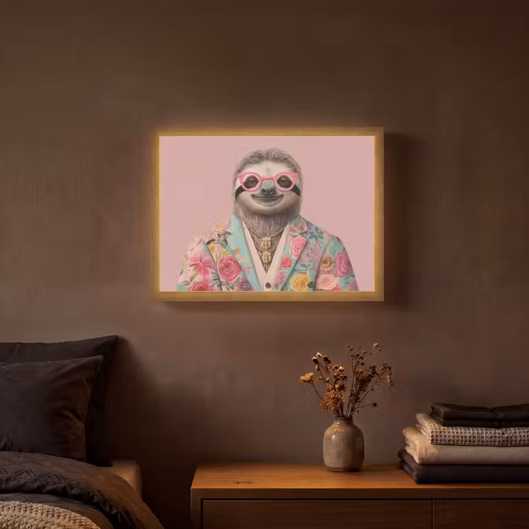 Luiaard - Bloemenprint - Bril - Roze Light Box met batterij (Wandlamp) middel -sfeer4