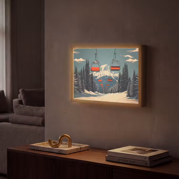 Sneeuw - Skilift - Rood - Bomen Light Box met batterij (Wandlamp) middel -sfeer1