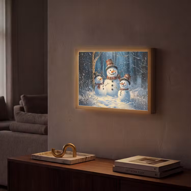 Sneeuwpop - Sneeuw - Winter - Bos Light Box met batterij (Wandlamp) middel -sfeer1