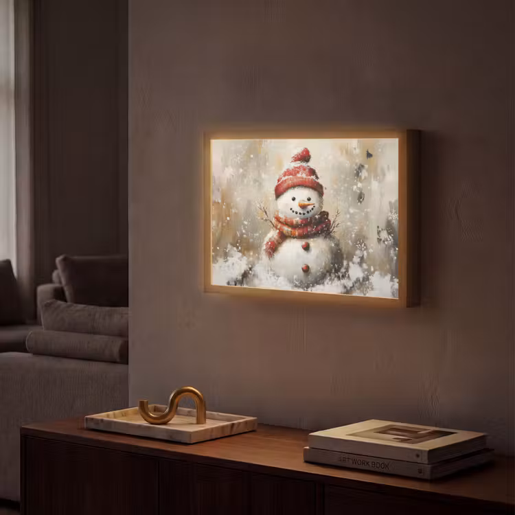 Sneeuwpop - Winter - Sneeuw - Beige Light Box met batterij (Wandlamp) middel -sfeer1