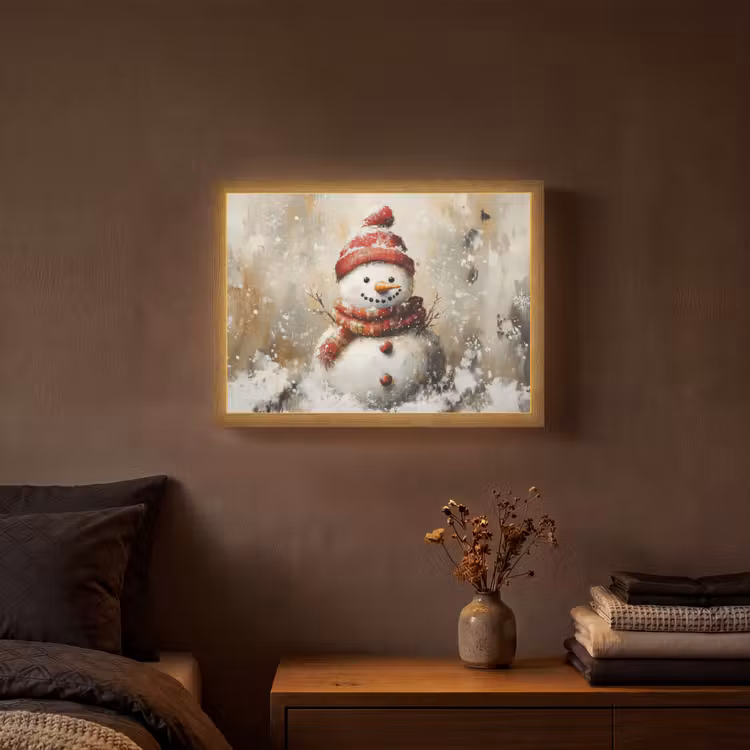 Sneeuwpop - Winter - Sneeuw - Beige Light Box met batterij (Wandlamp) middel -sfeer4