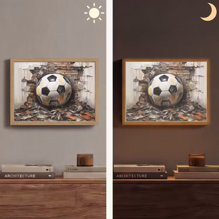 Voetbal - Muur - Zwart - Wit Light Box met batterij (Wandlamp) middel -sfeer3