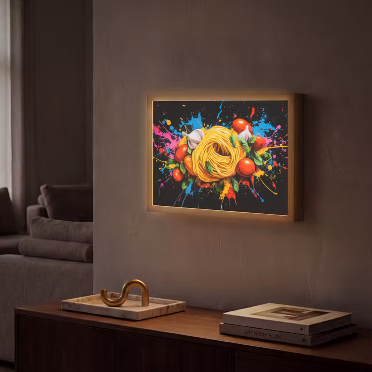 Spaghetti - Graffiti - Verf - Kleurrijk - Eten - Modern Light Box met batterij (Wandlamp) middel -sfeer1
