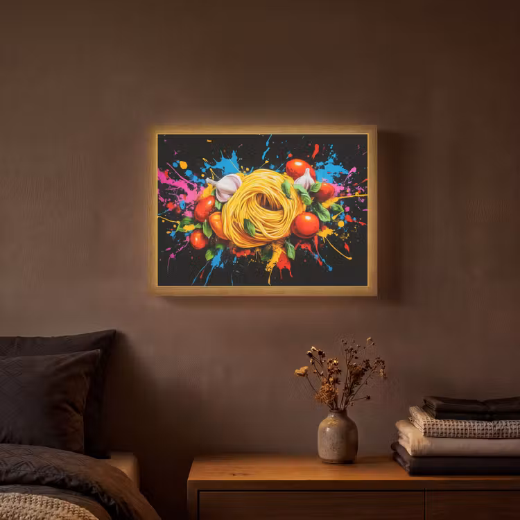 Spaghetti - Graffiti - Verf - Kleurrijk - Eten - Modern Light Box met batterij (Wandlamp) middel -sfeer4