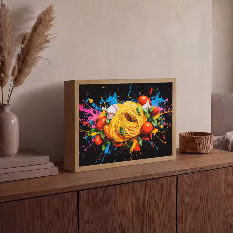 Spaghetti - Graffiti - Verf - Kleurrijk - Eten - Modern Light Box met batterij (Wandlamp) middel -sfeer2