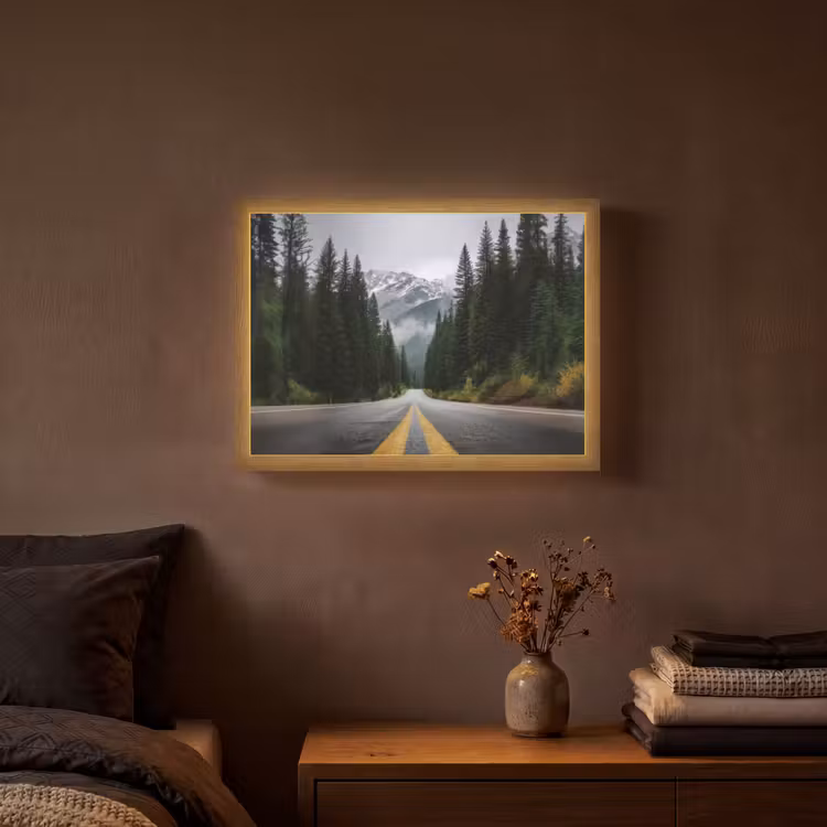 Sparrenbos - Weg - Bergen - Sneeuw Light Box met batterij (Wandlamp) middel -sfeer4