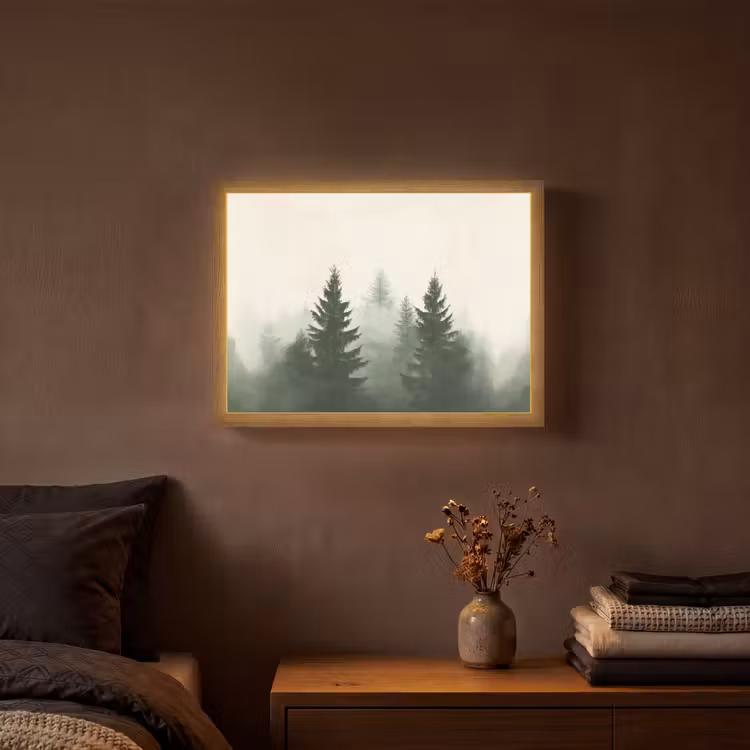 Sparren - Bomen - Groen - Beige Light Box met batterij (Wandlamp) middel -sfeer4