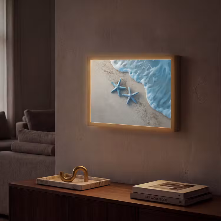 Zeesterren - Zand - Zee - Blauw Light Box met batterij (Wandlamp) middel -sfeer1