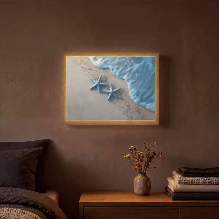 Zeesterren - Zand - Zee - Blauw Light Box met batterij (Wandlamp) middel -sfeer4