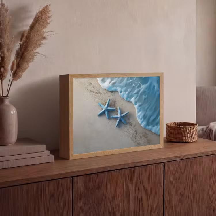 Zeesterren - Zand - Zee - Blauw Light Box met batterij (Wandlamp) middel -sfeer2