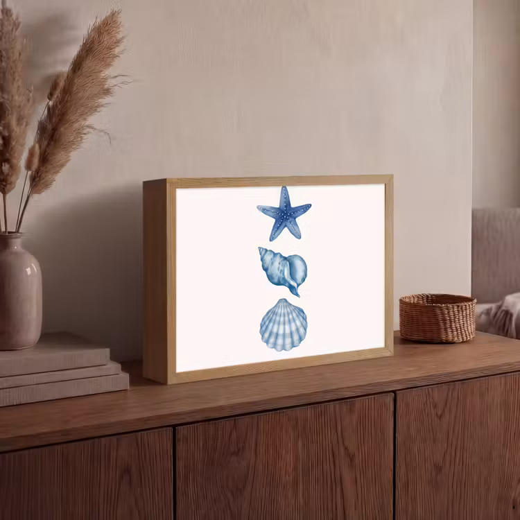Zeester - Schelpen - Blauw Light Box met batterij (Wandlamp) middel -sfeer2