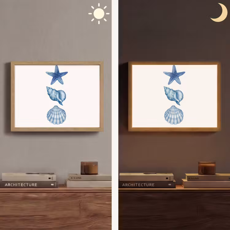 Zeester - Schelpen - Blauw Light Box met batterij (Wandlamp) middel -sfeer3