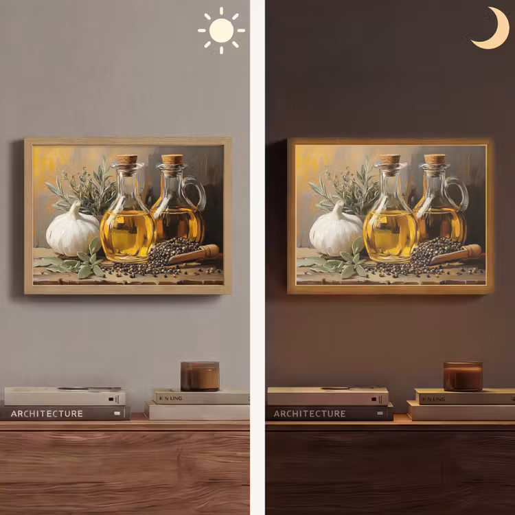 Stilleven - Olijfolie - Knoflook - Kruiden Light Box met batterij (Wandlamp) middel -sfeer3