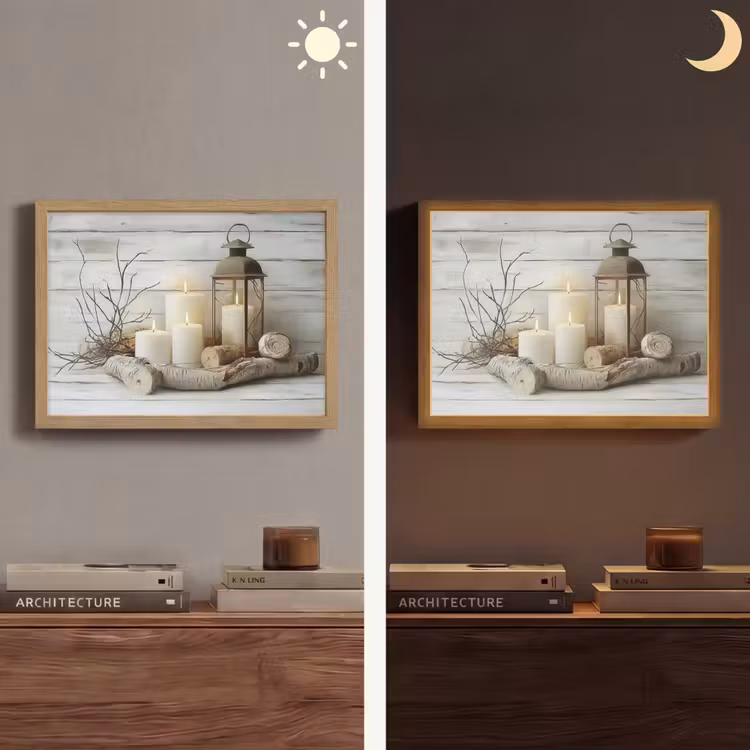 Stilleven - Wit - Kaarsen - Rustiek - Natuur Light Box met batterij (Wandlamp) middel -sfeer3