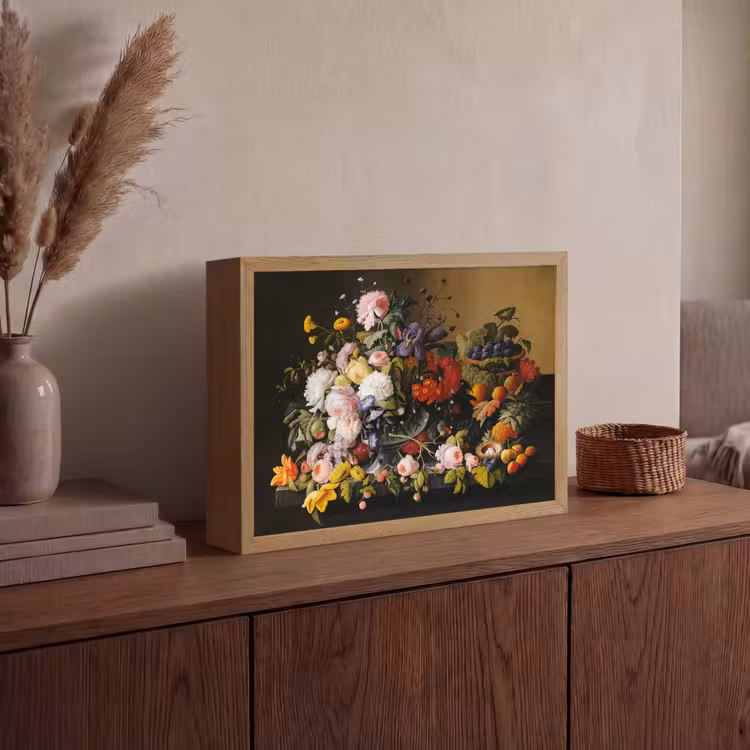 Stilleven met bloemen en fruit - Kunstwerk - Oude meesters Light Box met batterij (Wandlamp) middel -sfeer2