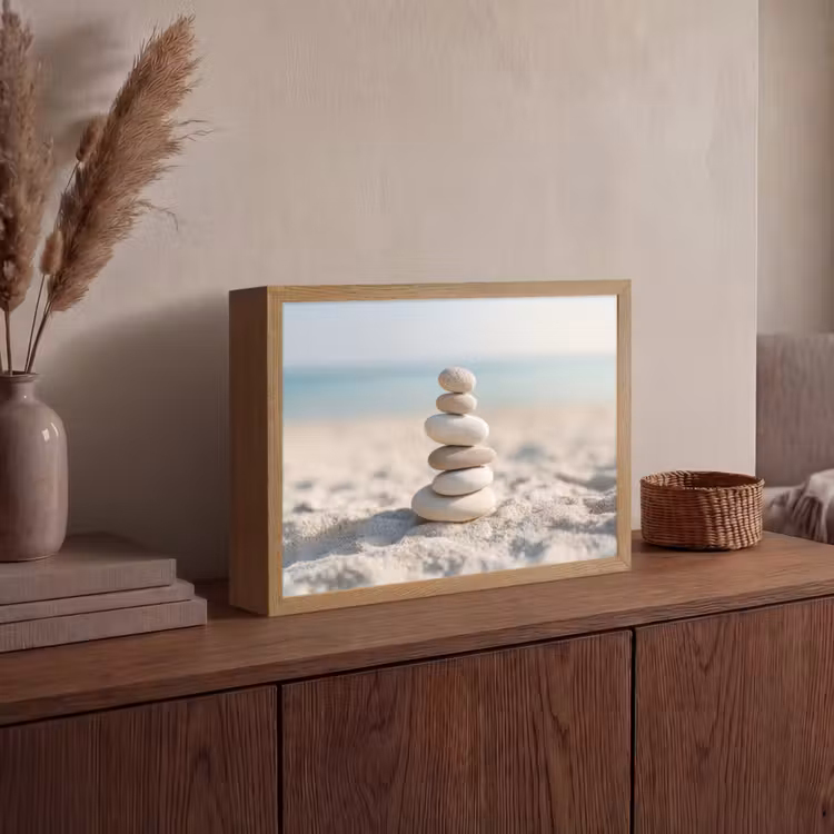 Stenen - Stapel - Zand - Zee Light Box met batterij (Wandlamp) middel -sfeer2