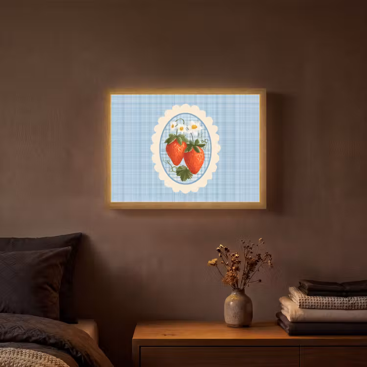 Aardbeien - Lijst - Rood - Geruit Light Box met batterij (Wandlamp) middel -sfeer4