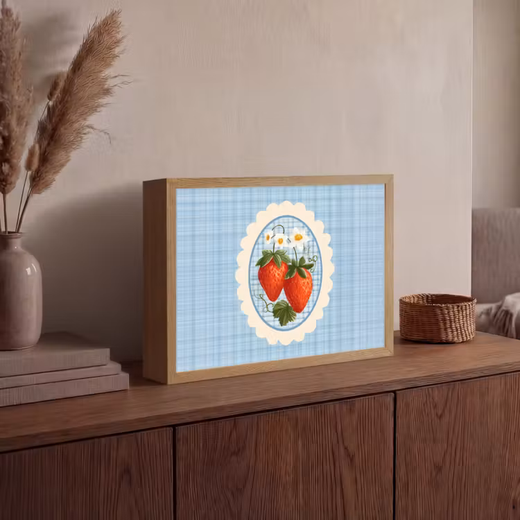 Aardbeien - Lijst - Rood - Geruit Light Box met batterij (Wandlamp) middel -sfeer2