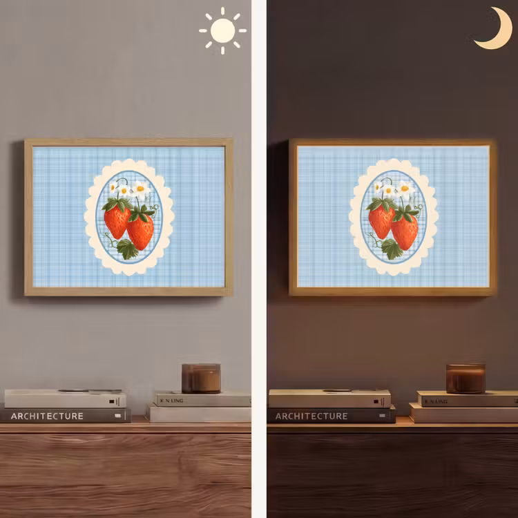 Aardbeien - Lijst - Rood - Geruit Light Box met batterij (Wandlamp) middel -sfeer3