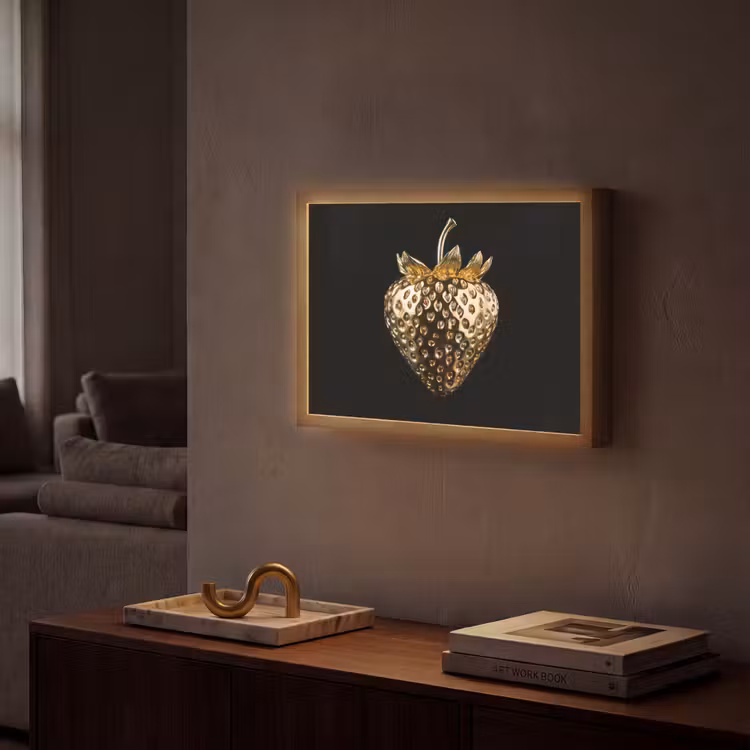 Aardbei - Goud - Zwart - Chrome Light Box met batterij (Wandlamp) middel -sfeer1