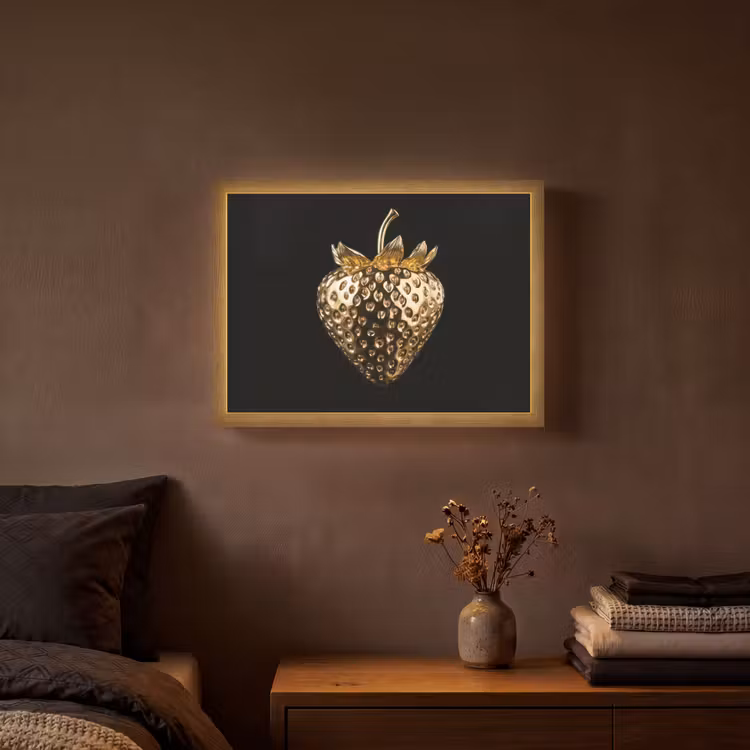 Aardbei - Goud - Zwart - Chrome Light Box met batterij (Wandlamp) middel -sfeer4