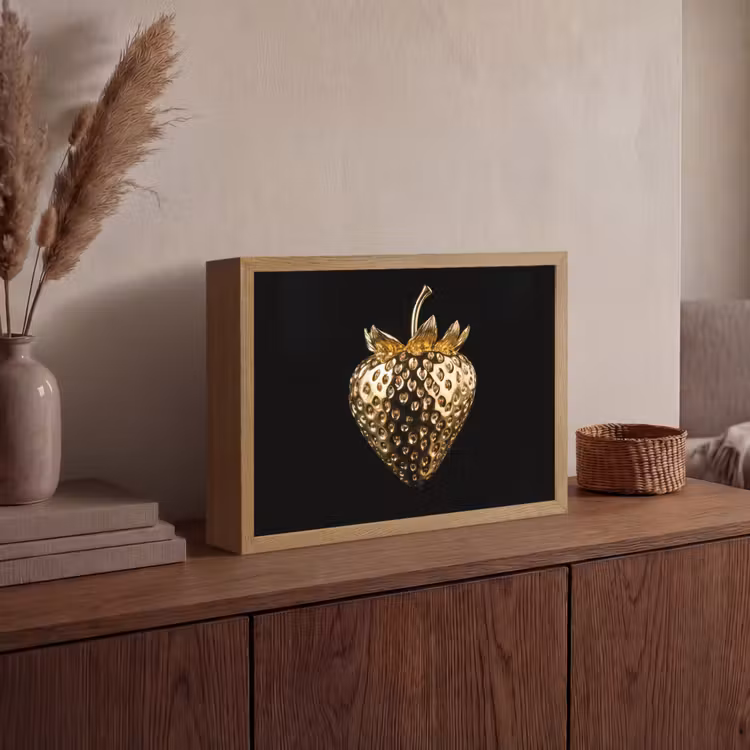 Aardbei - Goud - Zwart - Chrome Light Box met batterij (Wandlamp) middel -sfeer2