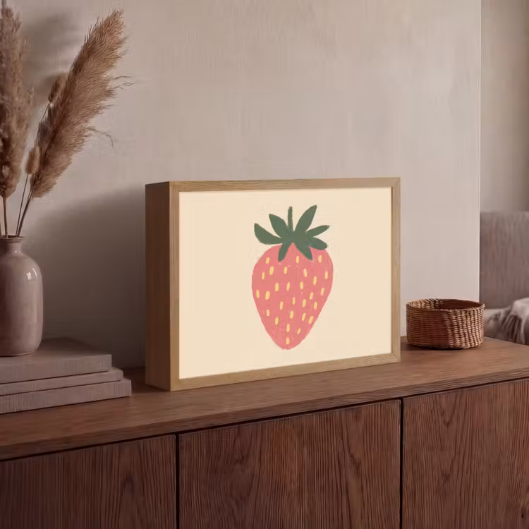 Aardbei - Minimalistisch - Rood - Fruit Light Box met batterij (Wandlamp) middel -sfeer2
