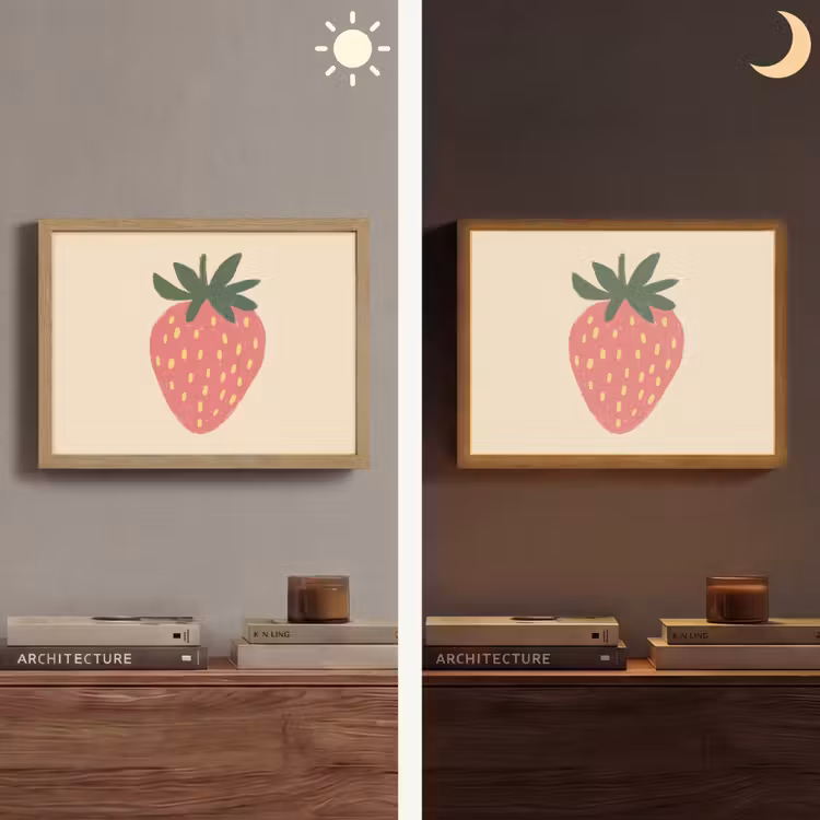 Aardbei - Minimalistisch - Rood - Fruit Light Box met batterij (Wandlamp) middel -sfeer3