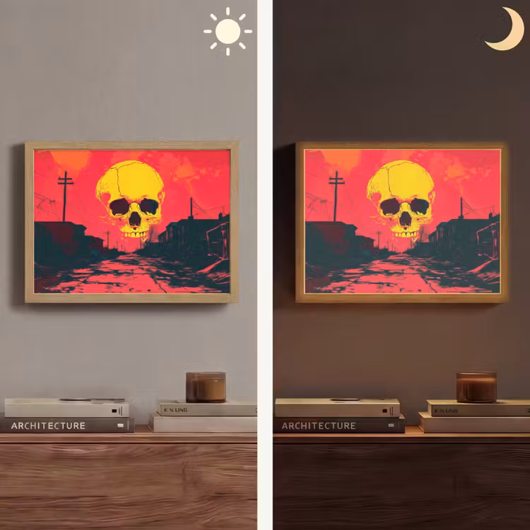 Straat - Verlaten - Schedel - Geel Light Box met batterij (Wandlamp) middel -sfeer3
