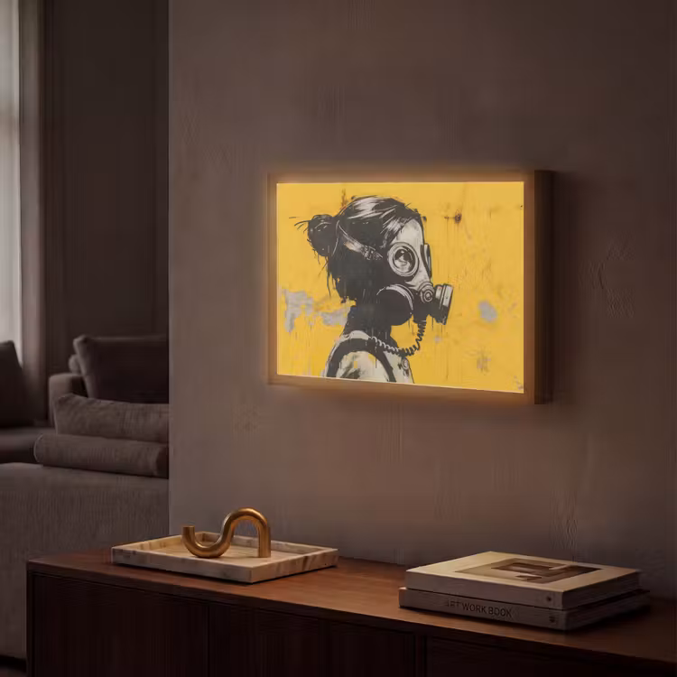 Street art - Meisje - Geel - Banksy Style Light Box met batterij (Wandlamp) middel -sfeer1