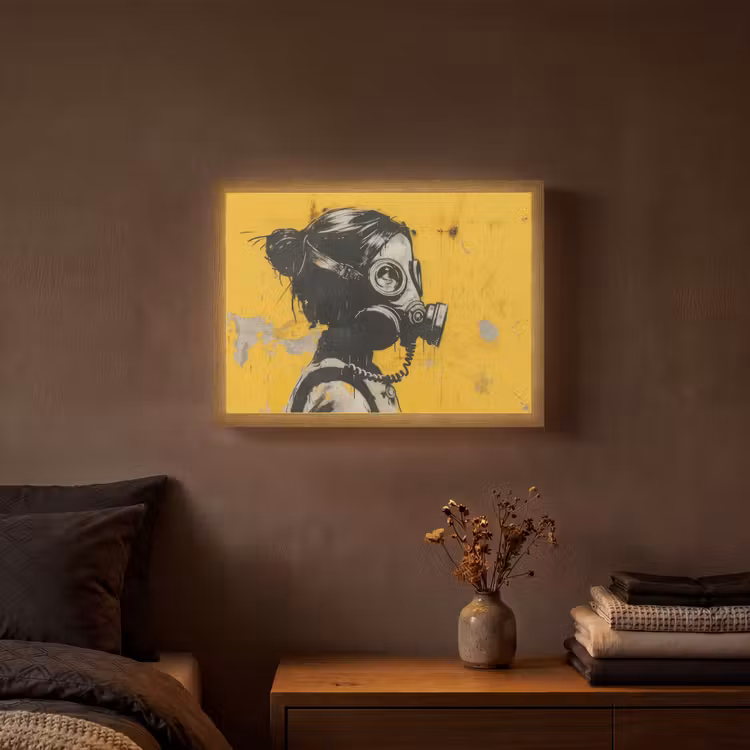 Street art - Meisje - Geel - Banksy Style Light Box met batterij (Wandlamp) middel -sfeer4