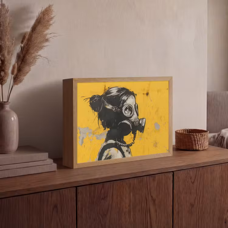 Street art - Meisje - Geel - Banksy Style Light Box met batterij (Wandlamp) middel -sfeer2