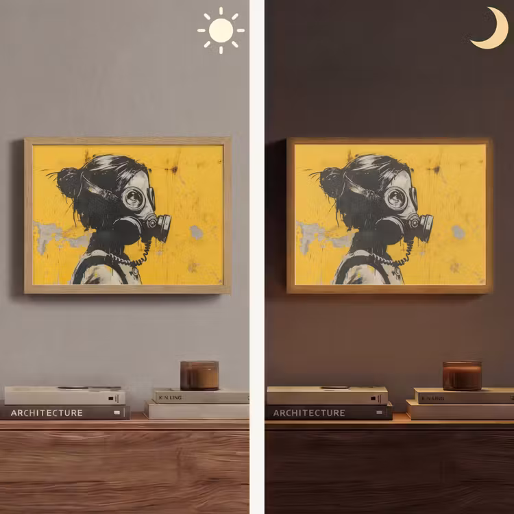 Street art - Meisje - Geel - Banksy Style Light Box met batterij (Wandlamp) middel -sfeer3