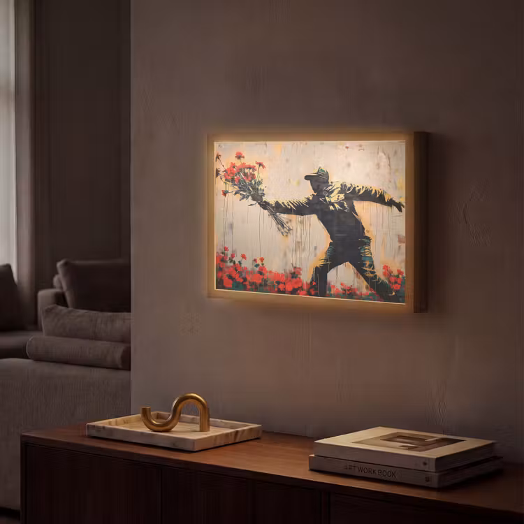 Street art - Man - Bloemen - Graffiti - Banksy Style Light Box met batterij (Wandlamp) middel -sfeer1