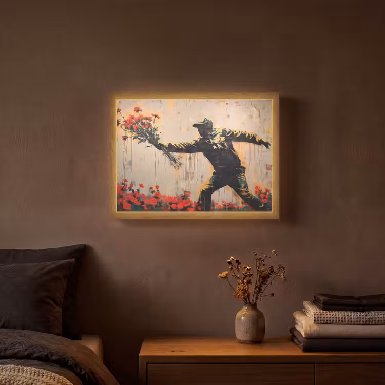 Street art - Man - Bloemen - Graffiti - Banksy Style Light Box met batterij (Wandlamp) middel -sfeer4