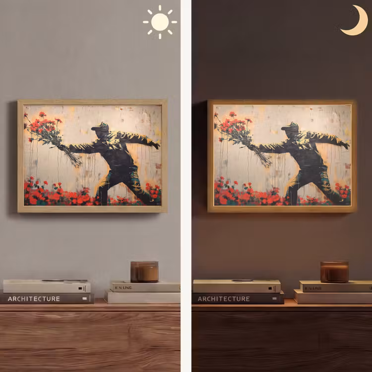 Street art - Man - Bloemen - Graffiti - Banksy Style Light Box met batterij (Wandlamp) middel -sfeer3