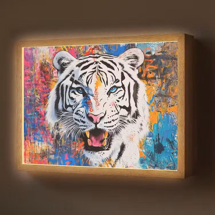 Street art - Tijger - Wit - Graffiti - Dieren Light Box met batterij (Wandlamp) middel -z3d_website