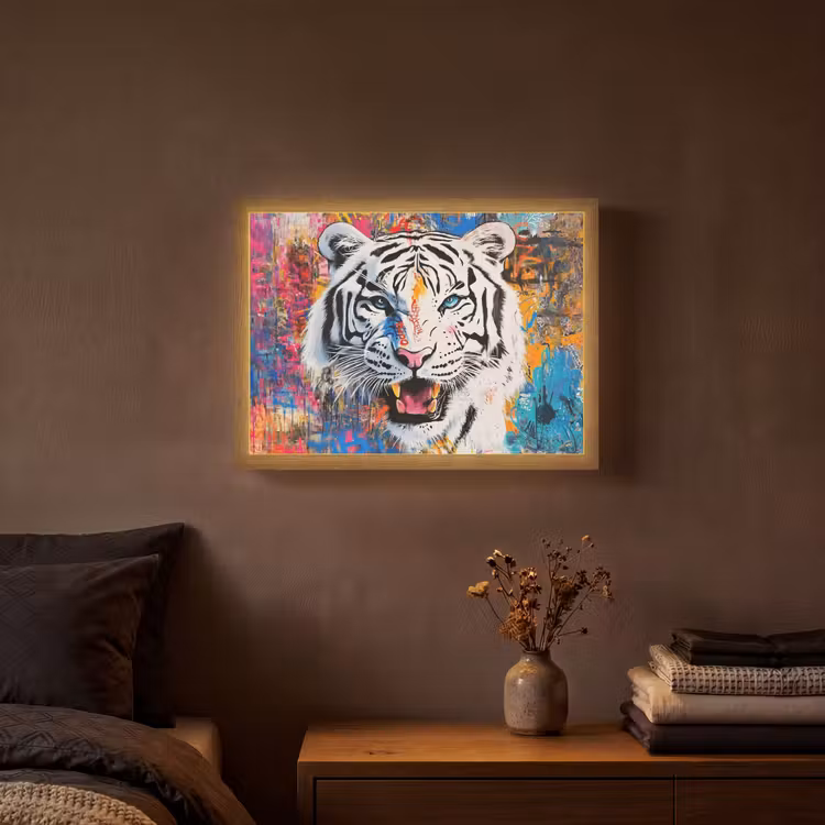 Street art - Tijger - Wit - Graffiti - Dieren Light Box met batterij (Wandlamp) middel -sfeer4