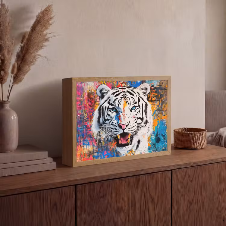 Street art - Tijger - Wit - Graffiti - Dieren Light Box met batterij (Wandlamp) middel -sfeer2