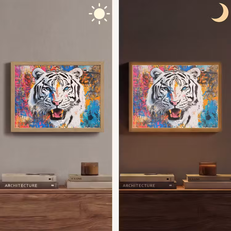Street art - Tijger - Wit - Graffiti - Dieren Light Box met batterij (Wandlamp) middel -sfeer3