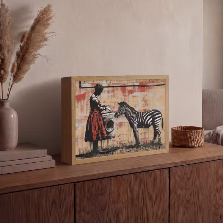 Street art - Zebra - Vrouw - Dieren - Graffiti - Banksy Style Light Box met batterij (Wandlamp) middel -sfeer2