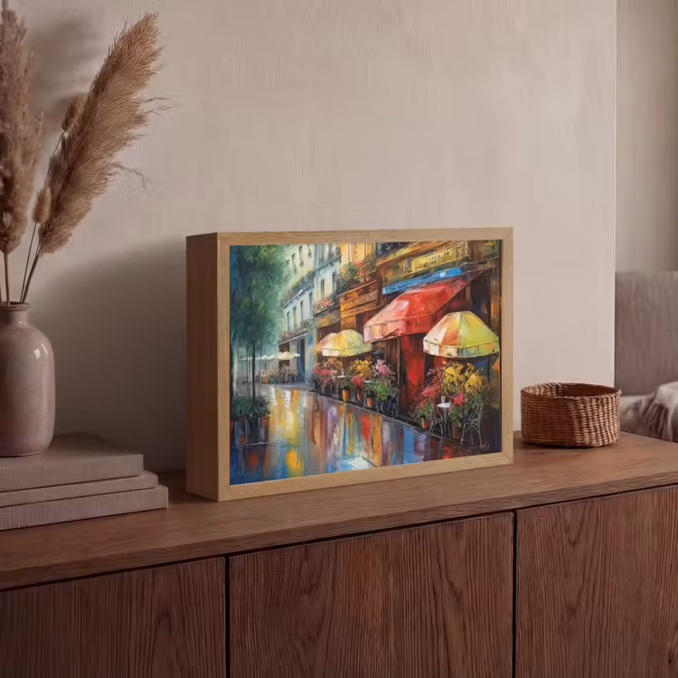 Straat - Olieverf - Kleurrijk - Stad Light Box met batterij (Wandlamp) middel -sfeer2
