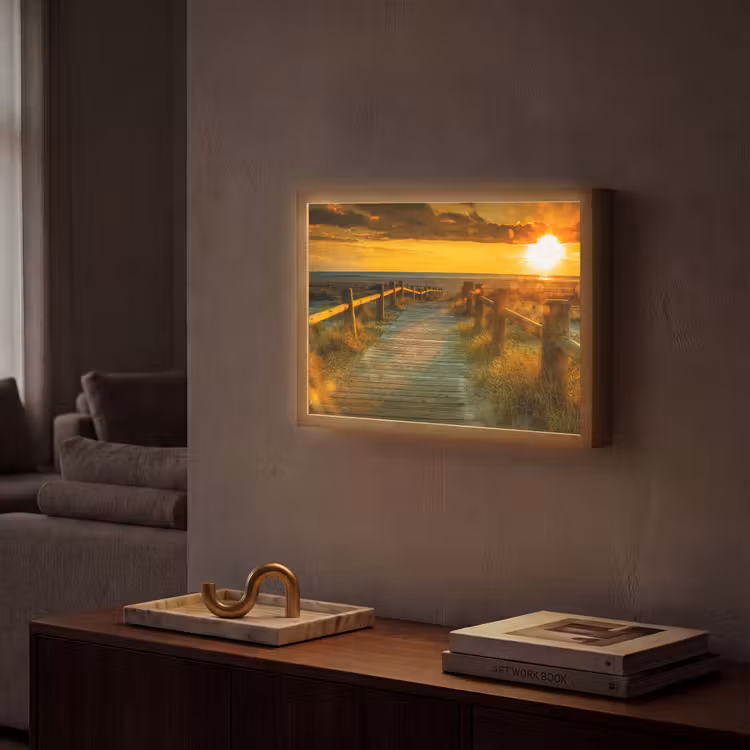 Zon - Strand - Duin - Horizon - Gras - Pad - Oranje Light Box met batterij (Wandlamp) middel -sfeer1