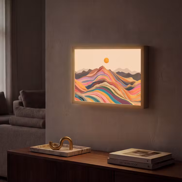Zon - Kleurrijk landschap - Bergen Light Box met batterij (Wandlamp) middel -sfeer1