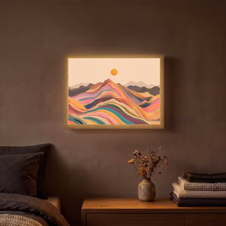 Zon - Kleurrijk landschap - Bergen Light Box met batterij (Wandlamp) middel -sfeer4