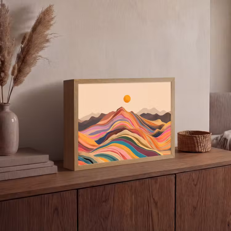 Zon - Kleurrijk landschap - Bergen Light Box met batterij (Wandlamp) middel -sfeer2