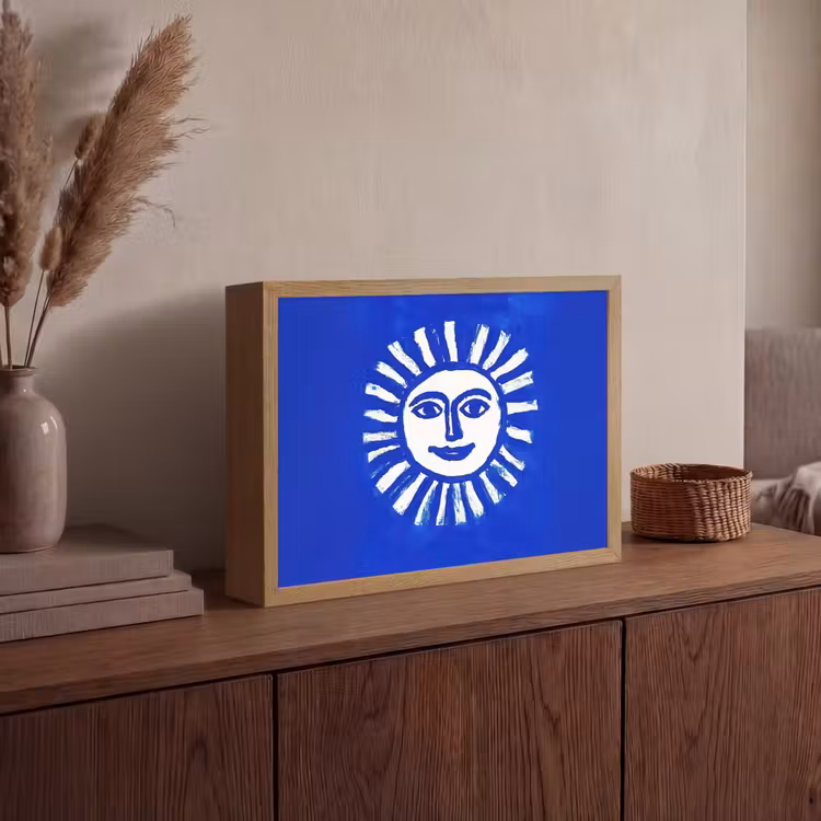 Zon - Gezicht - Penseelstructuur - Blauw Light Box met batterij (Wandlamp) middel -sfeer2