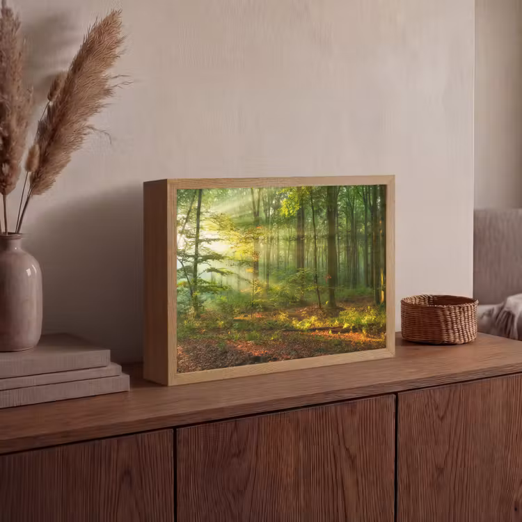 Zon - Bos - Bomen - Natuur - Herfst Light Box met batterij (Wandlamp) middel -sfeer2